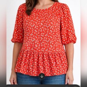 W5 Vibrant Red Floral Peplum Blouse